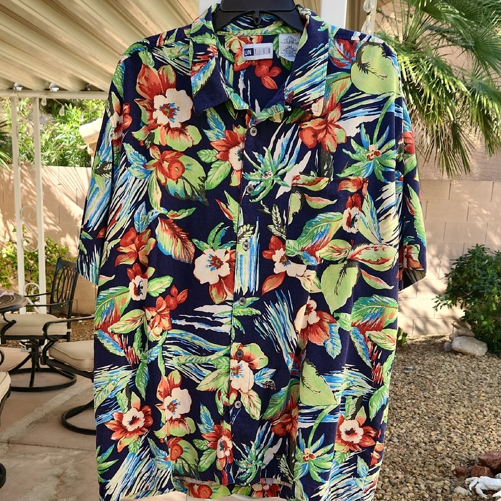 UNTIED Mens 2XL Navy Floral Tropical  Print Button-Up Shirt